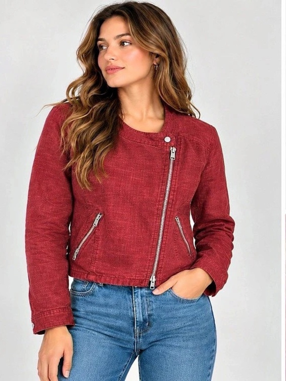 Lucky Brand Vintage Linen Blend Moto Jacket Red Size Small Zip Pockets